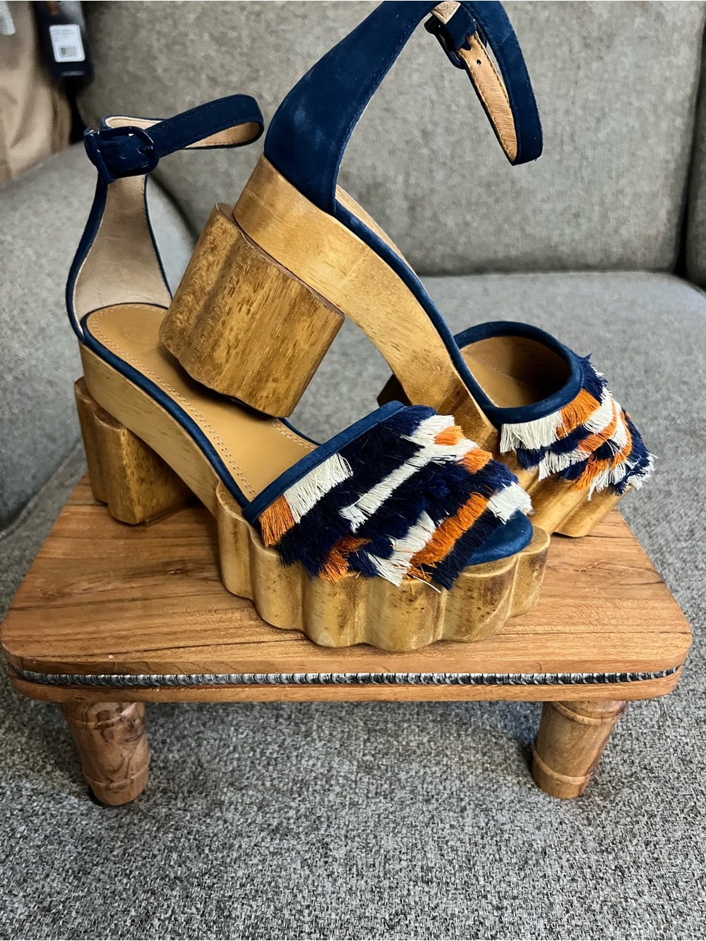 Tory Burch Navy, Orange & White Fringed Block Heel Sandals - Picture 2 of 6
